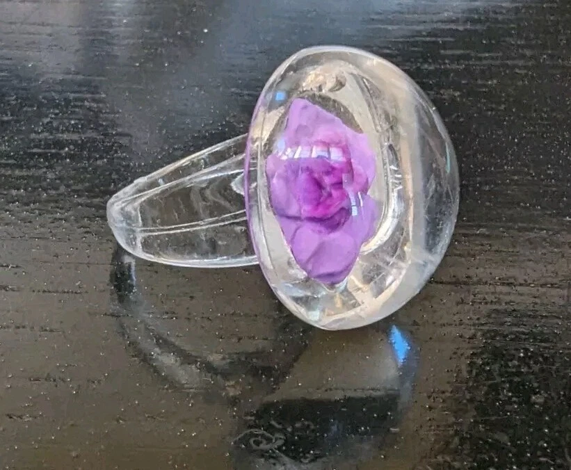 Anillo Cúpula Flor Seca Lucita Burbuja Grande De Colección Transparente Púrpura Rosa Talla 6.75 Foto 1 de 4