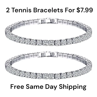 2 Tennis Bracelets Silver Plated  With AAA Cubic Zirconia For Women, Girl - Image 1 of 2