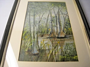 Gene Bennett Painting Swamp Trees Flora Framed Under Glass Vivid Colors Signed - Picture 1 of 9