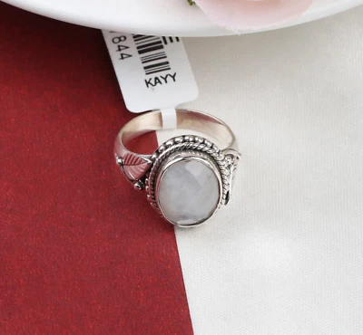925 Plata de Ley Único Arcoíris Piedra Lunar Mano Anillo de Tendencia Tamaño 8.5 - Imagen 1 de 4