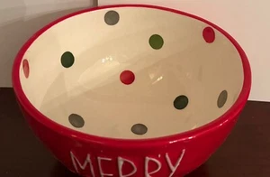 Mud Pie MERRY ALWAYS Red Polka Dots Painted Ceramic Christmas Serving Bowl NEW - Picture 1 of 2