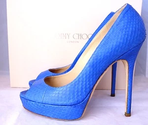 $995 JIMMY CHOO WATER SNAKE SNAKESKIN ELECTRIC BLUE OPEN TOE PUMP PUMPS SHOES 37 - Picture 1 of 12