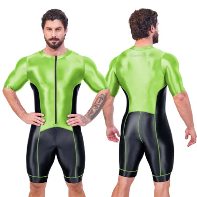 AMORESY Men's Glossy Tracksuits Satin Smooth Jumpsuit Running Cycling Activewear - Image 1 of 4