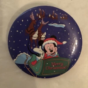 Merry Christmas! Disney Button Pin Mickey Mouse In Sleigh Reindeer VTG (A) - Picture 1 of 2
