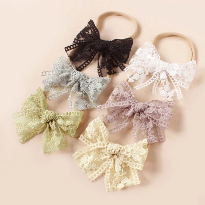 Baby Nylon Bow Headband Lace Embroidery Flower Turban Headwrap Handmade DIY - Image 1 of 4