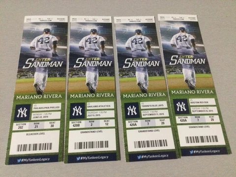 YANKEES 2015 TICKET STUB 6/22/15-7/9/15-9/11/15-9/29/15 COVER: Mariano Rivera Cover