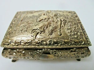 Vintage Ornate Metal Trinket Jewelry Box Red Velvet Lined Hinged Lid Goldtone - Picture 1 of 9