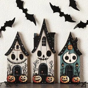 3-Piece Halloween Table Decorations Haunted House Wooden Block Tiered Tray - Picture 1 of 11