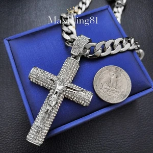 Jesus Cross CZ Hip Hop Iced Religious Pendant & 10mm Thick Cuban Chain Necklace - Picture 1 of 16