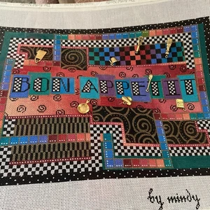 Mindy Handpainted Needlepoint Bon Appetit 98 w Charms Canvas Sign Kitchen Decor - Picture 1 of 5