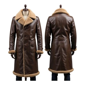 Herren Echt Lammfell Leder Bomberjacke Braun Doppelkragen Trenchcoat - Bild 1 von 4