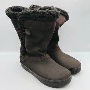 Crocs Suede Leather Boots Brown Cozy Casual Winter Pull-On Mid-Calf Womens 7 - Picture 1 of 7