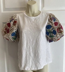 Anthropologie THML White Top Embroidered Flowers Balloon Puff Sleeve Boho XS - Picture 1 of 10