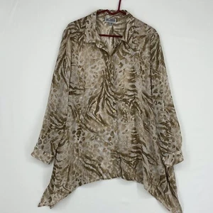 JM Collection Women XL Sheer Blouse Button Front Tan Beige Animal Print Roll Tab - Picture 1 of 7