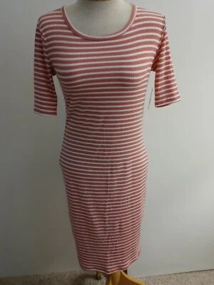 NUEVO Vestido ceñido al cuerpo tejido LulaRoe Julia acanalado rosa blanco a rayas XXS  Foto 1 de 3