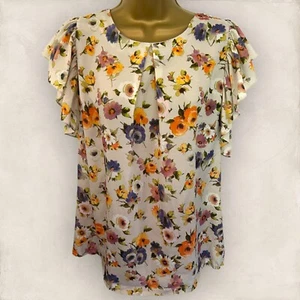 Sweewe Womens Cream Multicoloured Floral Flutter Sleeve Summer Top Size M/L - Picture 1 of 4
