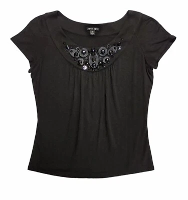 Lafayette 148 NY Top Short Sleeve Round Neck Beaded Stretch Black Womens S - Image 1 of 4