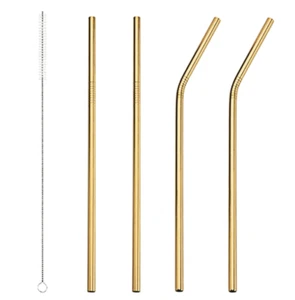 4x Premium Quality Stainless Steel Gold Metal Drinking Straw + Brush + Eco Pouch - Picture 1 of 12