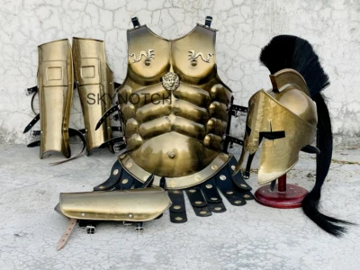 Spartan 300 Músculo Romano Medio Traje Armadura de Acero Casco con Pierna y Brazador Disfraz Foto 1 de 4