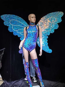Sexy Blue Mirror Butterfly Costume Cosplay Club Dance Glass Dress Wings Outfit - Picture 1 of 8