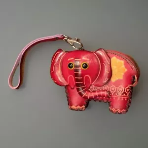 Muñequera porta monedas roja de cuero genuino elefante con cremallera excelente estado - Imagen 1 de 3