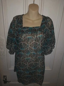 Today's Woman Blue Black Sheer Short Sleeve Square Neck Tunic Size 14 - Picture 1 of 9