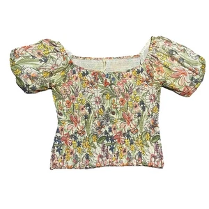 Anthropologie Blouse Womens M Floral Cropped Shirred Puff Sleeve Cottagecore - Picture 1 of 12