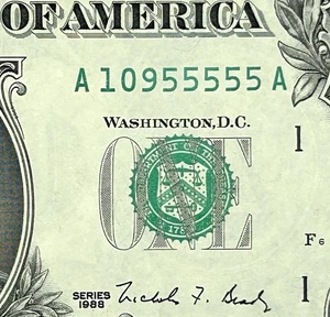 10955555 - Fancy Five In A Row Serial - 1988 $1 Federal Reserve Note GEM - Picture 1 of 3