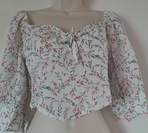 White Floral Cropped Summer Blouse Top Tie Front Size 8 NEW - Picture 1 of 7
