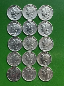 Lot of 15 Mercury Dimes 90% Silver 1941-1945 P,D &S. Complete Set. Lot#416B - Picture 1 of 6