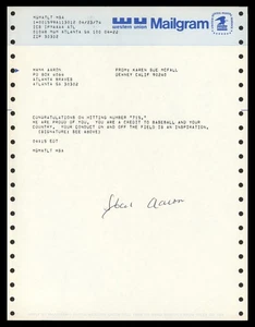 Hank Aaron Signed 715 HR Congratulations 8x10 Telegram Document Braves Beckett - Picture 1 of 3
