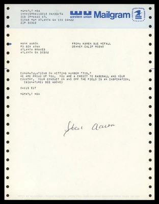 Hank Aaron Signed 715 HR Congratulations 8x10 Telegram Document Braves Beckett - Image 1 of 3