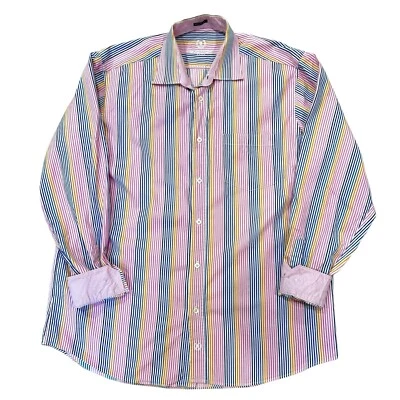 Bugatchi Uomo Men’s Dress Shirt Pink Blue Yellow Stripe Classic Fit Button Up XL - Image 1 of 4