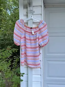 NWT Talbots Gorgeous Yellow Orange Pink Blue Stripe Fun Sleeve 100% Linen 2X - Picture 1 of 5