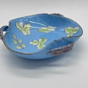 Italy Handpainted Pottery Dish Three Handle Light Blue Green Leaf Unique Design - Picture 1 of 12
