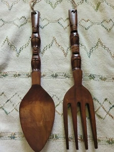 Brown Wooden Tiki Totem Carved Fork & Spoon Wall Decor Set 20" Philippines  - Picture 1 of 7