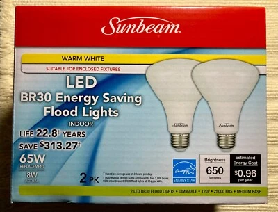 Pack of 2 Dimmable Sunbeam 65W LED Flood Light Bulbs BR30 Replacement Indoor - Image 1 of 2