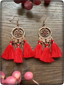 NEW Bronze Rose Gold Copper Tone Red Boho Ethnic Dreamcatcher Tassel Earrings - Picture 1 of 4