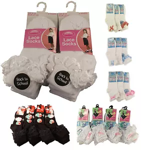 6 Pairs of Kids Girls Lace Socks, SockStack Frilly Chic White Ankle School Socks - Picture 1 of 7