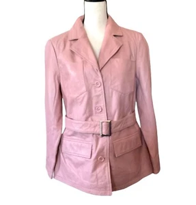Genuine leather button up pink jacket with belt women size Small - Picture 1 of 12