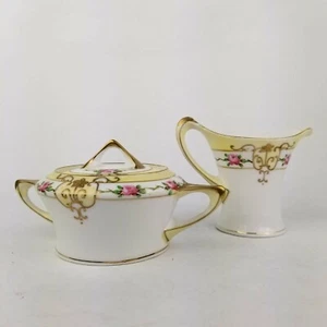 Antique Hand Painted Nippon Meito Crown Creamer and Sugar With Lid Roses Yellow - Picture 1 of 12