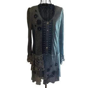 S&C Women’s Tunic Dress Embellished Lace Burnout Blue Artsy BOHO Size Large - Picture 1 of 16