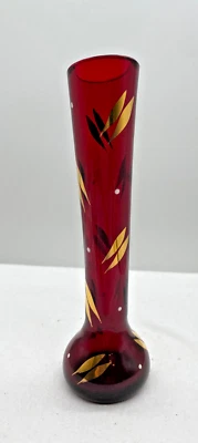 Bohemia Ruby Red Art Glass Gilt Enamel Bud Vase Solifluer MCM Czechoslovakia - image 1 of 4