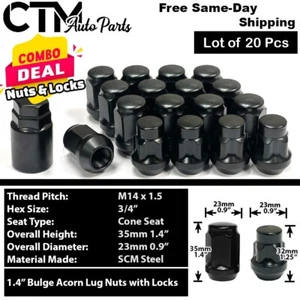 20x Black 14x1.5 Cone Seat Lug Nut+Wheel Lock Jaguar Land Rover Aftermarket Rim - Picture 1 of 8