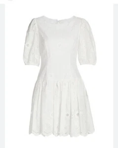 Mini abito MARCHESA NOTTE ricamato con occhielli 100% cotone bianco 10 vestibilità e svasato - Foto 1 di 8