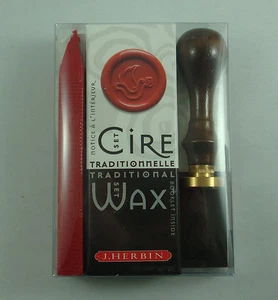 SCEAU EN BOIS LAITON + CIRE POUR CACHET CALLIGRAPHIE SEAL SET WAX MOTIF COLOMBE - Imagen 1 de 1