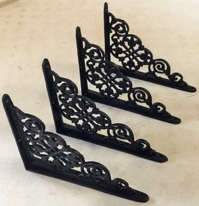 SET OF 4 VICTORIAN FLORAL PATTERN BRACKETS Antique Styled cast iron braces BLACK - Picture 1 of 9