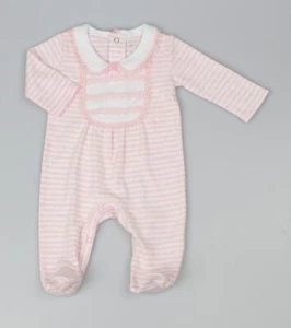 TUMULI PER BAMBINE STILE SPAGNOLO ROSA COTONE A RIGHE E PIZZO 0-6M - Foto 1 di 2