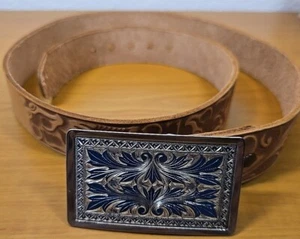 Western Tooled Leather Belt Steerhide Floral Pattern Size 34 Length 38” Buckle - Picture 1 of 18