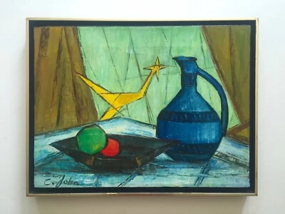  PINTURA AL ÓLEO SOBRE LIENZO MODERNISTA DE MEDIADOS DE SIGLO C. JOHN ENMARCADA ORIGINAL BODEGÓN Foto 1 de 4